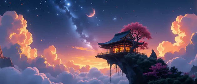 Японский дом, Небо, Облака, Скала