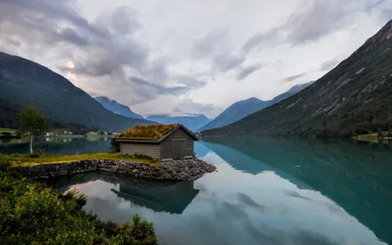 Небо, Горы, Озеро, Домик