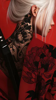 Дівчина, Біле волосся, Катана, Чорне татуювання, Квітковий візерунок, Червоний фон, Кімоно, Портрет