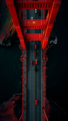 Красный мост, Подвесной мост, Аэрофотография, Автомобили, Транспорт, Водная поверхность, Ночная съемка