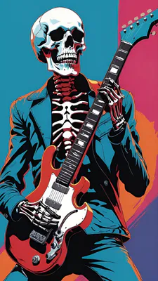 Электрогитара, Поп-арт, Неоновые цвета, Иллюстрация, Кости, Музыкант, Контрастные цвета
