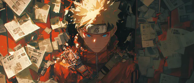 Аниме, Ниндзя, Желтые волосы, Голубые глаза, Красный фон, Страницы манги, Темное настроение, Кинематографический, Герой, Ultrawide