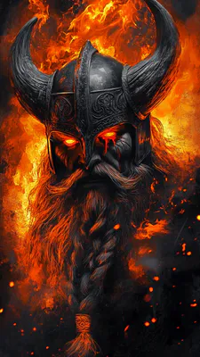 Шлем, Рога, Горящие глаза, Борода, Заплетенная коса, Огненные языки, Темная сцена, Эпический