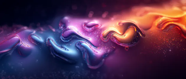 Текучие формы, Неоновые цвета, Металлический блеск, Фиолетовый, Синий, Оранжевый, Боковое, Гладкая текстура, Ultrawide