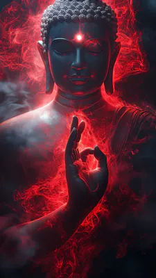 Статуя, Красное сияние, Третий глаз, Медитация, Рука мудрая, Дымовые эффекты, Духовность, Неоновый свет