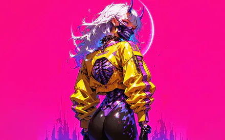 Девушка, Рога, Маска, Киберпанк, Розовый фон, Желтая куртка, Кибернетика, Иллюстрация