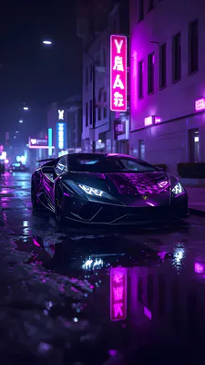 Неон, Фиолетовый свет, Мокрый асфальт, Отражение, Суперкар, Городской пейзаж, Мокрая улица