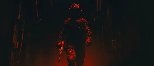 Стрелок, Тактическая экипировка, Штурмовая винтовка, Красная подсветка, Мрак, Тактика, Amoled, Ultrawide