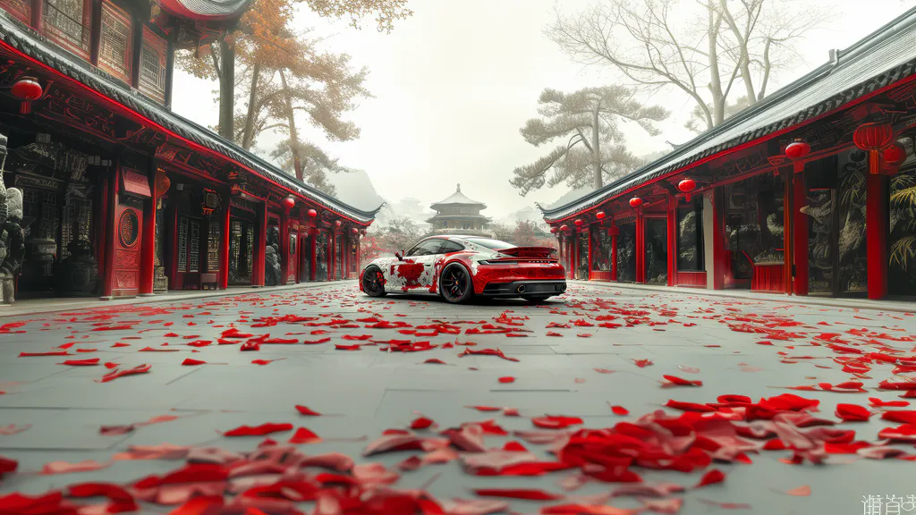 Обои на рабочий стол: Porsche среди лепестков