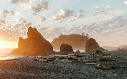 Побережье, Галька, Бревна, Волны, Скалистые острова, Закат, Облачное небо