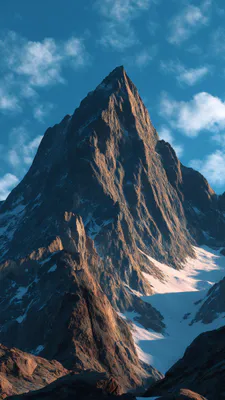 Снег, Скалы, Голубое небо, Облака, Утренний свет, Пейзаж, Крутые склоны