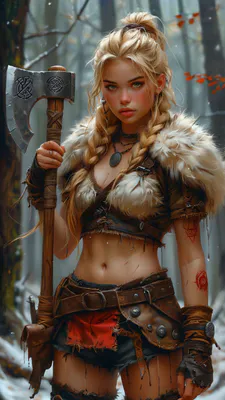 Сокира, Коси, Хутро, Ліс, Татуювання, Руни, Портрет, Блондинка