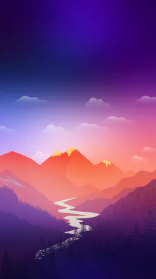 Закат, Река, Горы, Лес, Иллюстрация, Минимализм, Облака, Градиент, Силуэты