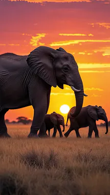 Саванна, Закат, Силуэты, Малыши, Травяная степь, Теплые цвета, Африка, Дикая природа