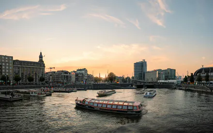 Город, Река, Закат, Лодки, Амстердам