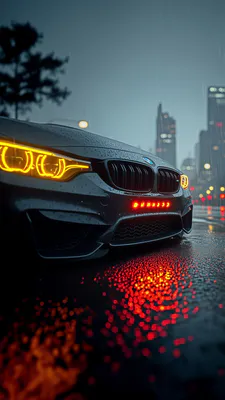 Фары, Желтый свет, Решетка радиатора, Мокрый асфальт, Ночной город, Отражение, Боковое, Капли на кузове