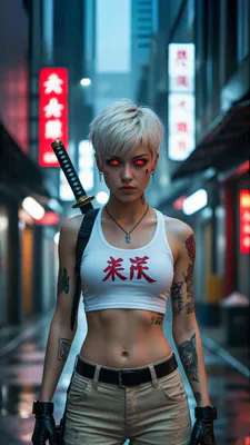Short Hair, Red Eyes, Katana, Tattoo, Night City, Rain, Combat Clothes, Holster