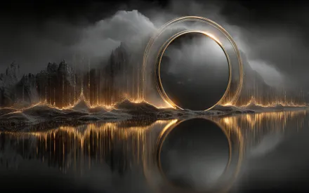 Rings, Reflection, Fog, Mysticism, Futuristic, Dark-landscape, Light-lines