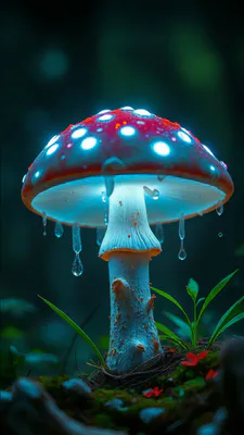 Mushroom, Drops, Glow, Night Forest, Macro, Plants, Fantasy, Red Hat