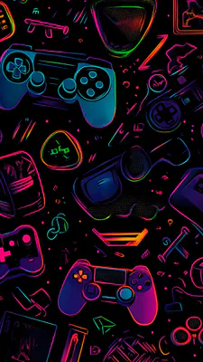 Контроллеры, Джойстики, Геймпад, Наушники, Виртуальная реальность, Векторная иллюстрация, Радужные цвета, Amoled