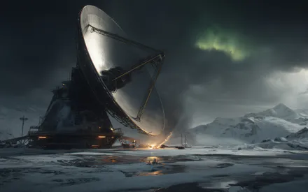 Satellite Dish, Northern Lights, Snow, Mountains, Night, Bonfire, Science Base, Frozen Landscape, Atmospheric Effect