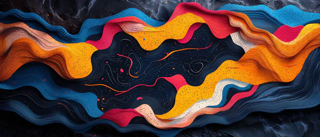 Абстракция, Топографические линии, Слои, Бумажный эффект, Яркие цвета, Текстура, Космические точки, Ultrawide