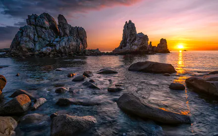 Море, Закат, Скалы, Берег, Вечер