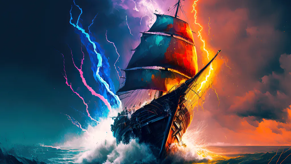 Обои на рабочий стол: Корабль в буре огня и молний