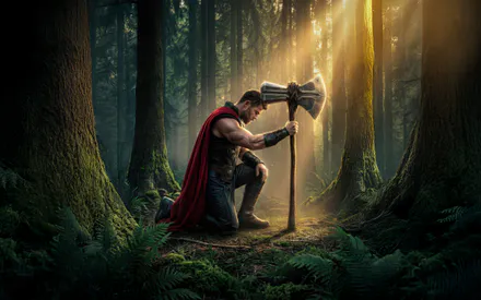 Тор, Marvel, Мстители, Avengers, Супергерой, Персонаж, Громсекира, Stormbreaker, Топор, Оружие, Лес, Деревья, Папоротник, Природа, Пейзаж, Лучи солнца, Солнечный свет, Рассвет, Закат, Золотой час, Туман, Драматическое освещение, Плащ, Красный плащ, На кол