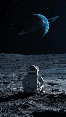 Астронавт, Месяц, Планета с кольцами, Звездное небо, Темный космос, Амoled, Научная фантастика, AI Art