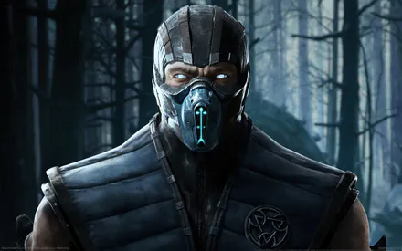 Mortal Kombat, Воин, Броня, Холодная палитра, Лесной фон, Белые глаза, Маскировка, Темное настроение