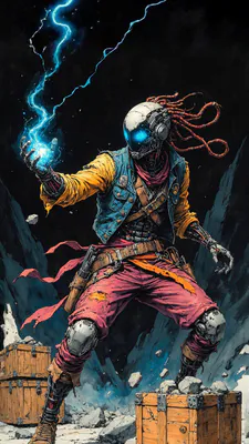 Робот, Шлем, Энергия, Молния, Постапокалипсис, Механика, Персонаж, Иллюстрация, Amoled