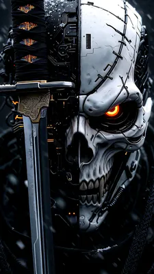 Киберпанк, Робот, Скелет, Неоновый глаз, Меч, Темный, Технологии, Снег, Amoled, AI Art