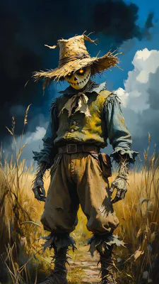 Ужас, Фэнтези, Солома, Ржаное поле, Хэллоуин, Темные облака, Иллюстрация, AI Art