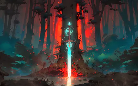 Лес, Фэнтези, Волшебство, Энергия, Неоновые цвета, Иллюстрация, Атмосферно, Вода, Символика