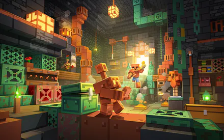 Блочная графика, Пиксельный стиль, Игрок, Голем, Сундуки, Боевая сцена, Пещерная арена, Солнечное освещение