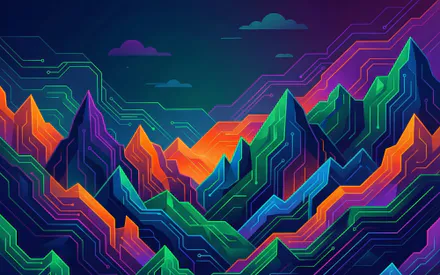 Футуристический, Техно, Контурные линии, Электронные схемы, Яркие цвета, Стилизованный пейзаж, Цифровая иллюстрация, AI Art