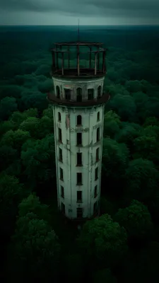 Башня, Брошенная, Воздушная съемка, Густой лес, Темная палитра, Атмосферно, Заброшка