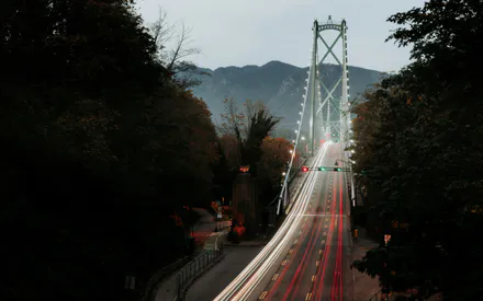 Ночные огни, Световые следы, Горный пейзаж, Осенний лес, Транспорт, Панорамная съемка, Подвесная конструкция