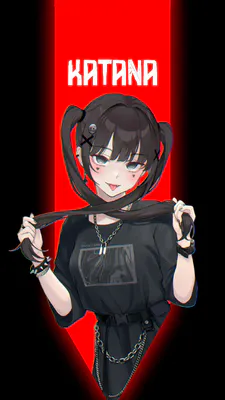 Аниме, Черные волосы, Готика, Мода, Цепь, Красный фон, Игривый, Цифровое искусство