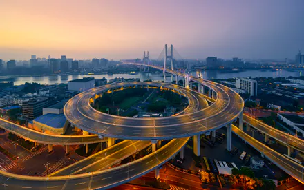 Город, Шоссе, Эстакада, Закат, Берег реки, Огни, Архитектура, Движение, Инфраструктура