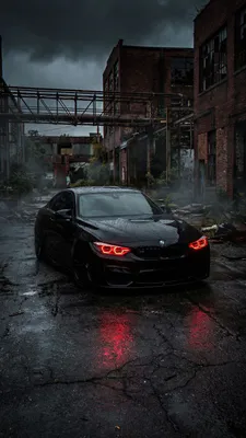 Черный автомобиль, Красные фары, Мокрая дорога, Городской, Заброшенный, Индустриальный, Угрюмый, Ночь