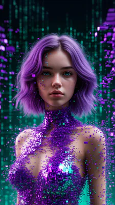 Woman, 3d, Avatar, Purple Hair, Luminous, Cubes, Futuristic, Cyberpunk, Portrait