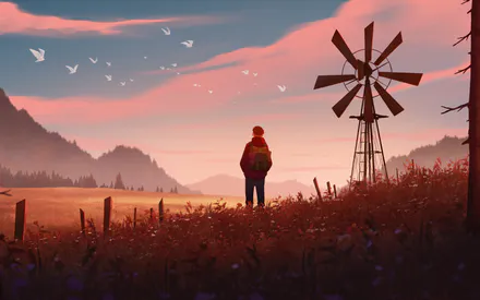 Закат, Ветряная мельница, Рюкзак, Горы, Птицы, Цветы, Мирный