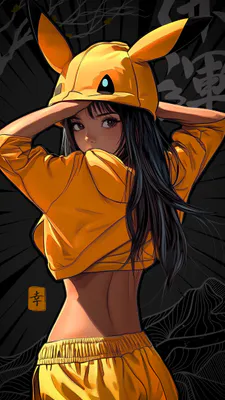 Желтый, Толстовка, Аниме, Девушка, Длинношерстная, Черный фон, Японский