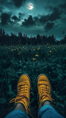 Жовті чоботи, Сині джинси, Ніч, Повня, Хмари, Трава, Жовті квіти, Ліс, Сидить