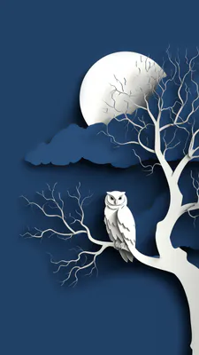 Ночь, Луна, Сова, Дерево, Голые ветки, Облака, Синий, Белый, Минималистичный