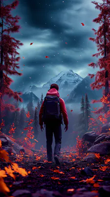 Турист, Осень, Красные листья, Хвойные, Скалы, Облачно, Туманно, Темно-синий