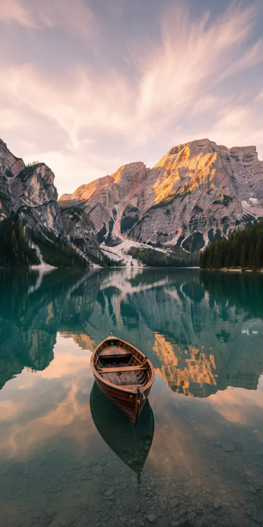 Обои на телефон: Лодка по горному озеру