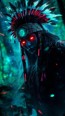 Перья, Племенной головной убор, Светящиеся глаза, Ночной лес, Красный синий контраст, Воин, Магия, Эфирный